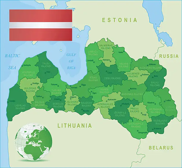 Vector illustration of Green Map of Latvia - states, cities and flag