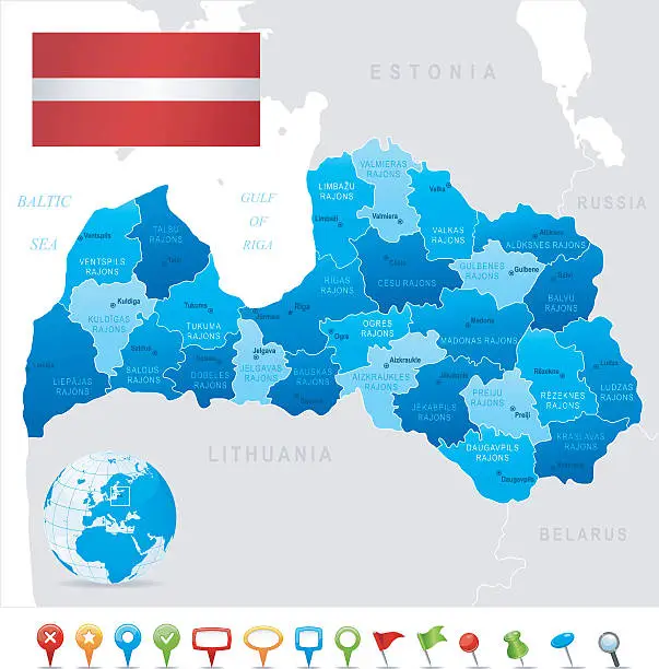 Vector illustration of Map of Latvia - states, cities, flag and icons