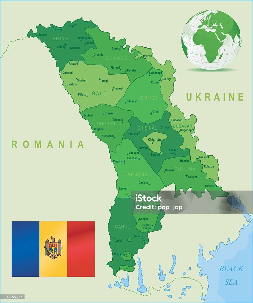 Green Mapa Mołdawia-członkowskich, miastami i flaga - Grafika wektorowa royalty-free (Mapa)