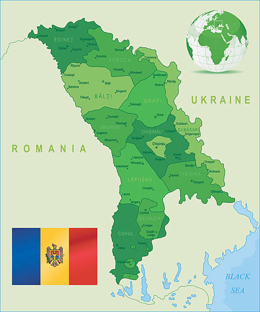 Green Map of Moldova - states, cities and flag Highly detailed vector map of Moldova with states, capitals and big cities. moldovan flag stock illustrations