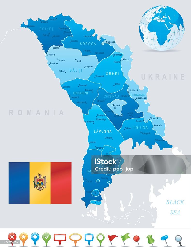 Карта Молдова-штатах, городах, Флаг и значки - Векторная графика Карта роялти-фри