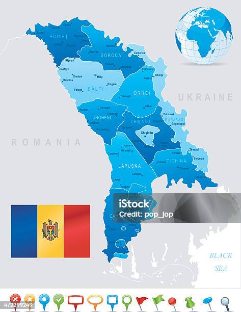 Карта Молдоваштатах Городах Флаг И Значки — стоковая векторная графика и другие изображения на тему Карта - Карта, Молдавия, Большой город