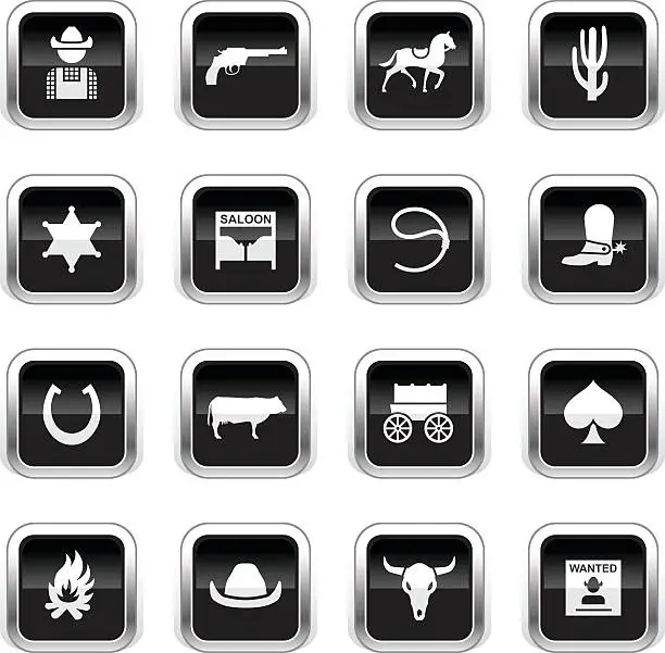 Vector illustration of Supergloss Black Icons - Wild West & Cowboys