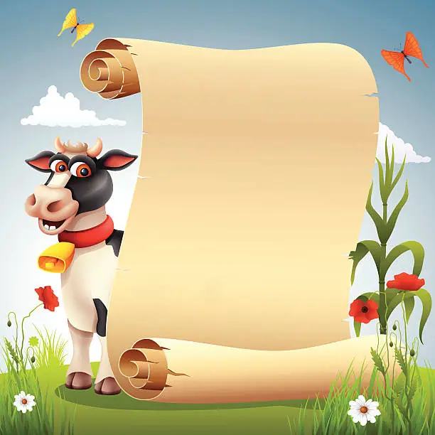 Vector illustration of Funny Cow with Scroll