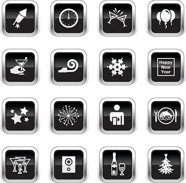 Vector illustration of Supergloss Black Icons - New Year's Eve