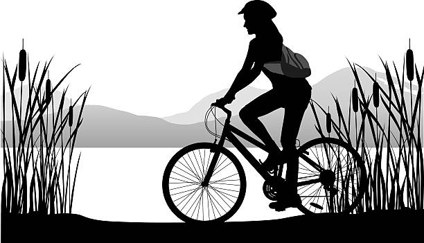 countrycycling - focus on shadow women bicycle outdoors stock-grafiken, -clipart, -cartoons und -symbole