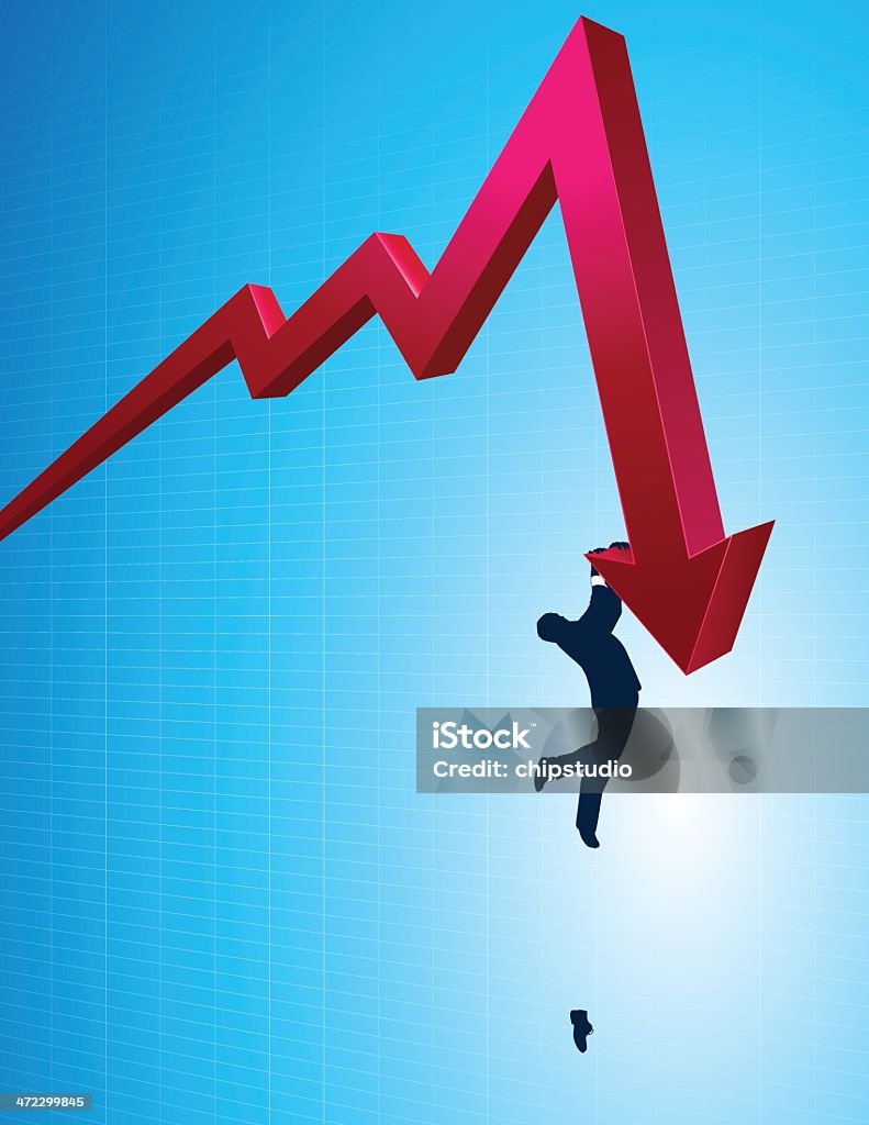 Hanging On A red arrow denoting decline with an investor hanging by his fingers. Files included – jpg, ai (version 8 and CS3), svg, and eps (version 8) Falling stock vector