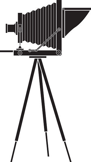 Abstract illustration of old photo camera on tripod, in silhouette. The all white areas is a cut out. The archive consist of  PDF and hi-resolution JPG format.