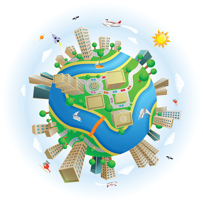 An editable vector illustration of a world with buildings and seperate layers and object groups for easy edit