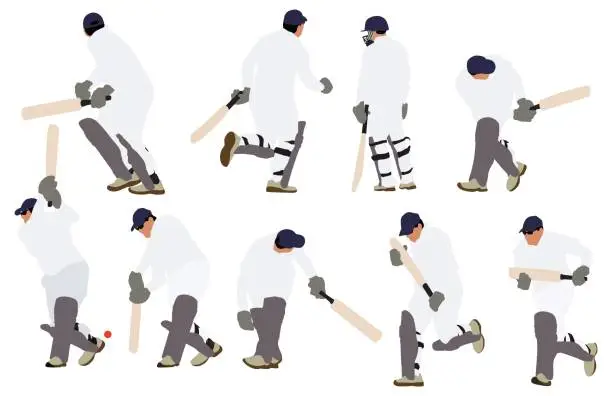 Vector illustration of Multiple images of people playing cricket