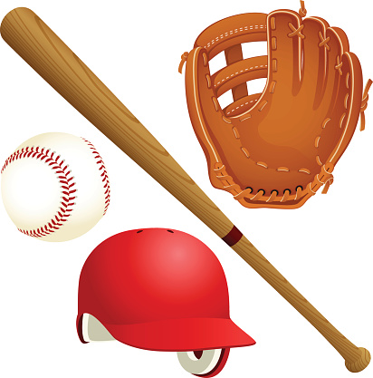 Vector illustration of a selection of baseball equipment. Includes a baseball, a wooden bat, a red batting helmet and a glove. Illustration uses radial and linear gradients. Each item is on its own layer, easily separated from the other items in Illustrator or similar programs.  Both .ai and AI8-compatible .eps formats are included, along with a high-res .jpg, and a high-res .png with transparent background.