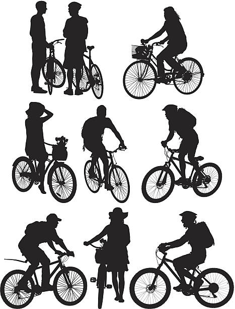 Multiple silhouettes of people on bicycle Multiple silhouettes of people on bicyclehttp://www.twodozendesign.info/i/1.png female mountain biker silhouette stock illustrations