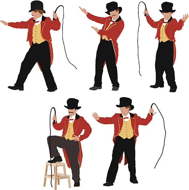 Vector illustration of Multiple images of a ringmaster with whip