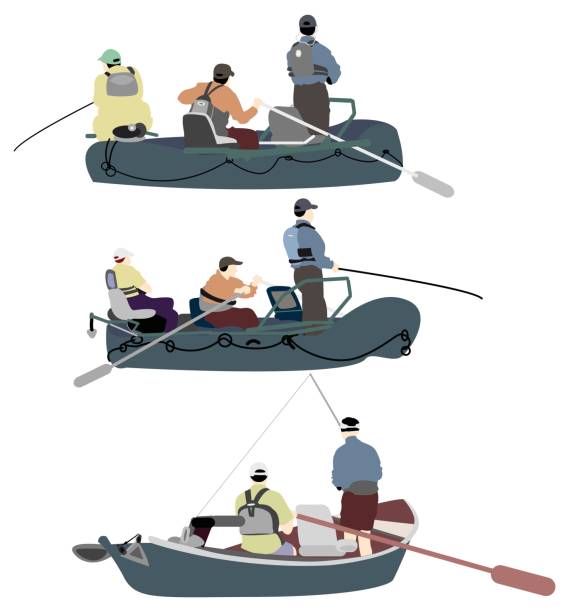 ilustrações de stock, clip art, desenhos animados e ícones de pessoas no barco de pesca - fishing boat rafting river recreational pursuit