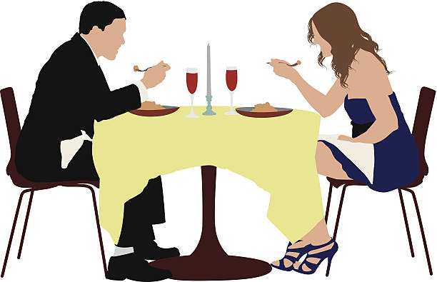 Couple eating food in a restaurant Couple eating food in a restauranthttp://www.twodozendesign.info/i/1.png restaurant table side view stock illustrations