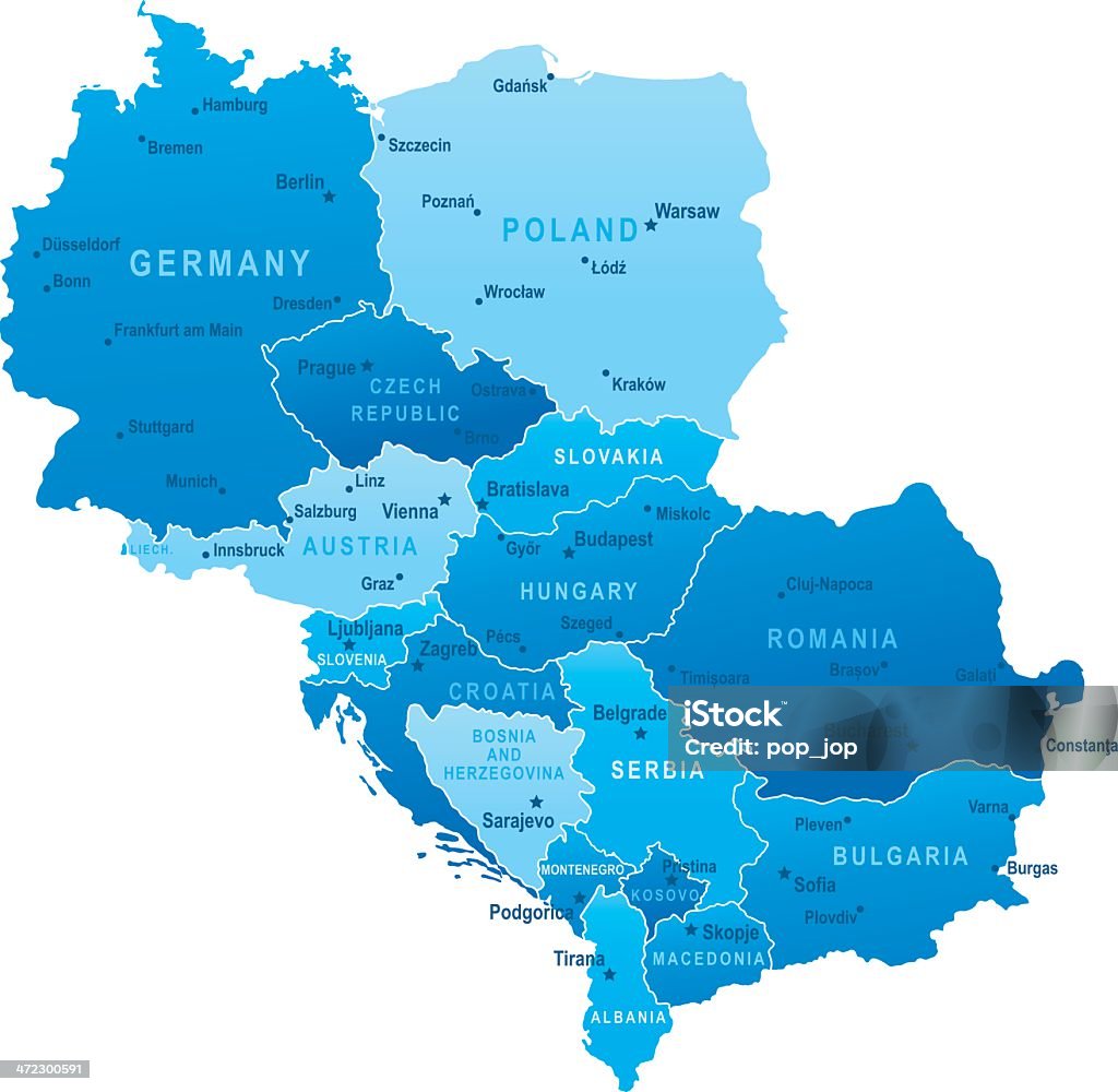 Mapa da Europa Central-Membros e cidades - Vetor de Mapa royalty-free