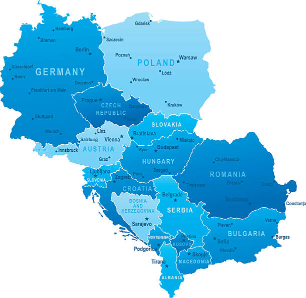 Map of Central Europe - states and cities Highly detailed vector map of Central Europe with states, capitals and big cities bosnia and herzegovina stock illustrations