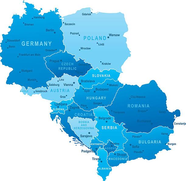 Map of Central Europe - states and cities Highly detailed vector map of Central Europe with states, capitals and big cities montenegro stock illustrations