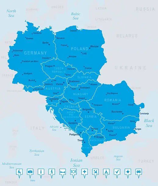 Vector illustration of Map of Central Europe - states, cities, navigation icons