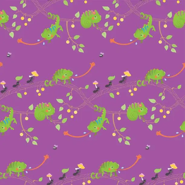 Vector illustration of Cute kawaii chameleon pattern purple