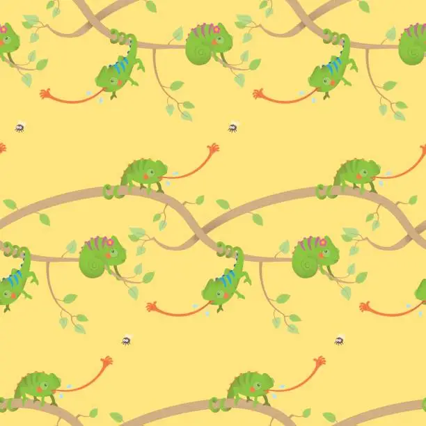 Vector illustration of Cute kawaii chameleon pattern yellow