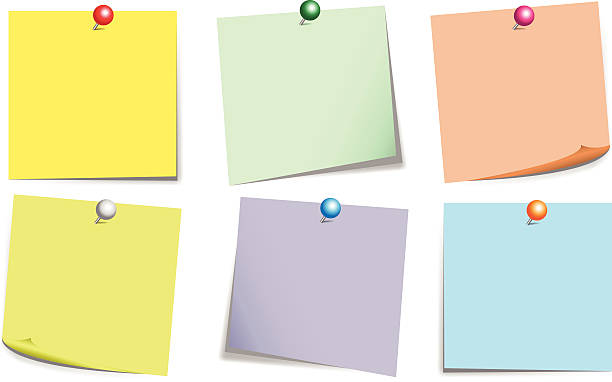 kolor zestaw samoprzylepnych karteczek z push pin - thumbtack bulletin board blue office supply stock illustrations