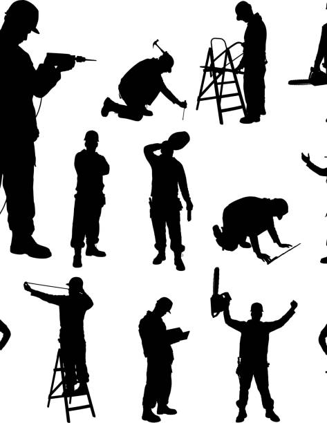 ilustraciones, imágenes clip art, dibujos animados e iconos de stock de trabajador de la construcción. - construction worker silhouette people construction