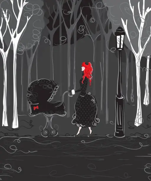 Vector illustration of Gothic style mother and pushing pram through park