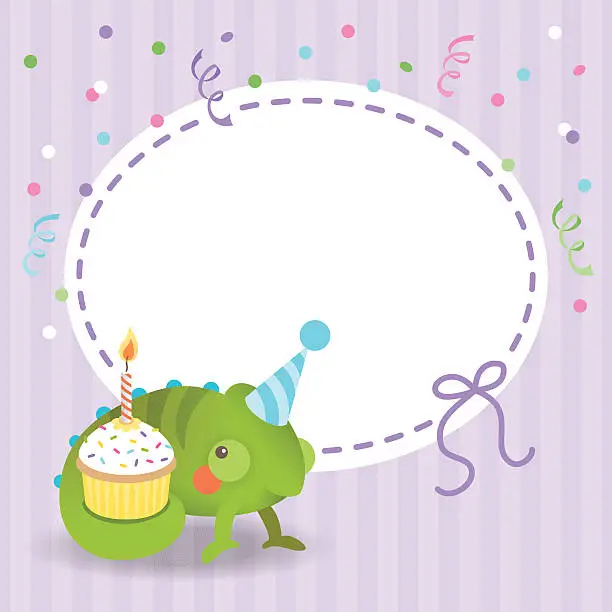 Vector illustration of Cute chameleon birthday card cupcake