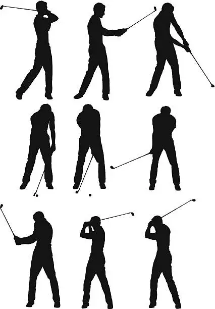Vector illustration of Multiple silhouettes of a golfer playing