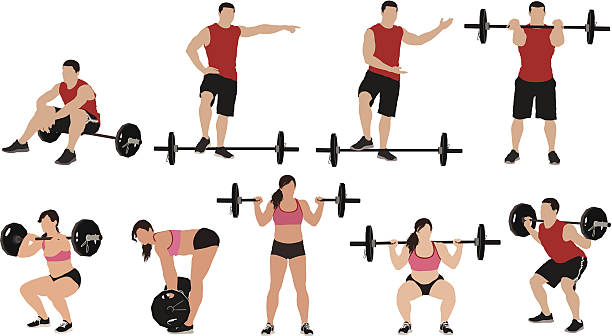 ilustraciones, imágenes clip art, dibujos animados e iconos de stock de múltiples imágenes de weightlifters - mujer agachada perfil
