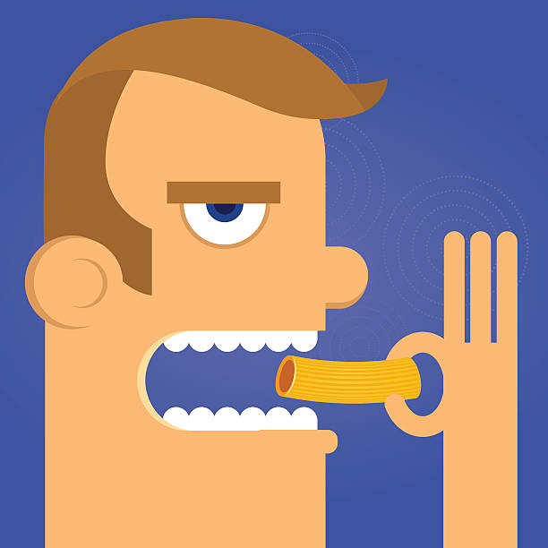 Man eating pasta A caucasian vector cartoon man eating pasta ( italian macaroni ) . Side view, stupid face, cartoon. Can be used for food / hungry themes. eating illustrations stock illustrations