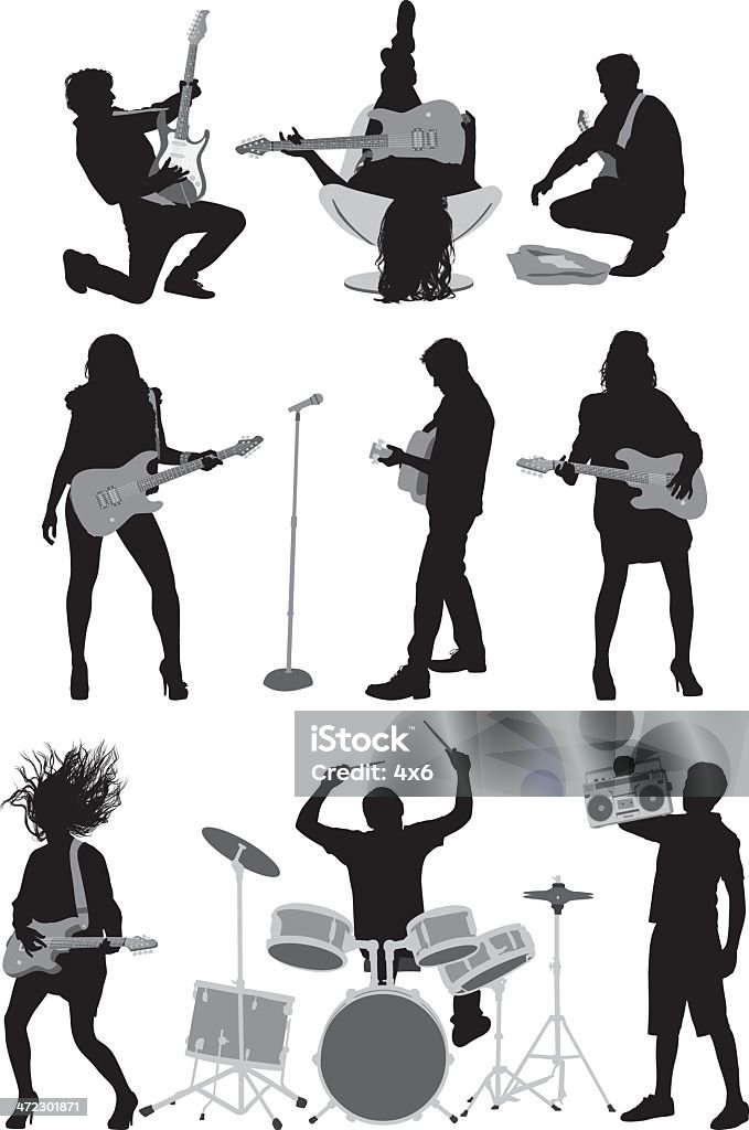 Personnes jouant de la musique rock and roll - clipart vectoriel de Silhouette - Contre-jour libre de droits