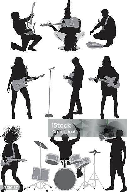 Personnes Jouant De La Musique Rock And Roll Vecteurs libres de droits et plus d'images vectorielles de Silhouette - Contre-jour - Silhouette - Contre-jour, Guitariste, Tenir