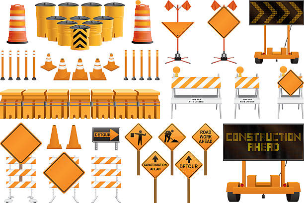 ilustraciones, imágenes clip art, dibujos animados e iconos de stock de señales de construcción - construcción de carretera