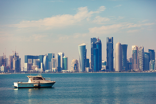 famous doha skyline with a ship in the front.