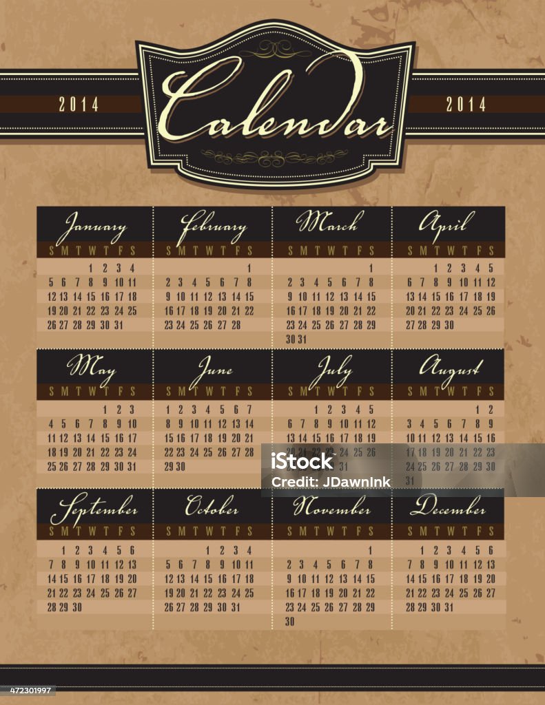 Винтажный стиль с текстурированный фон шаблон календаря - Векторная графика 2014 роялти-фри