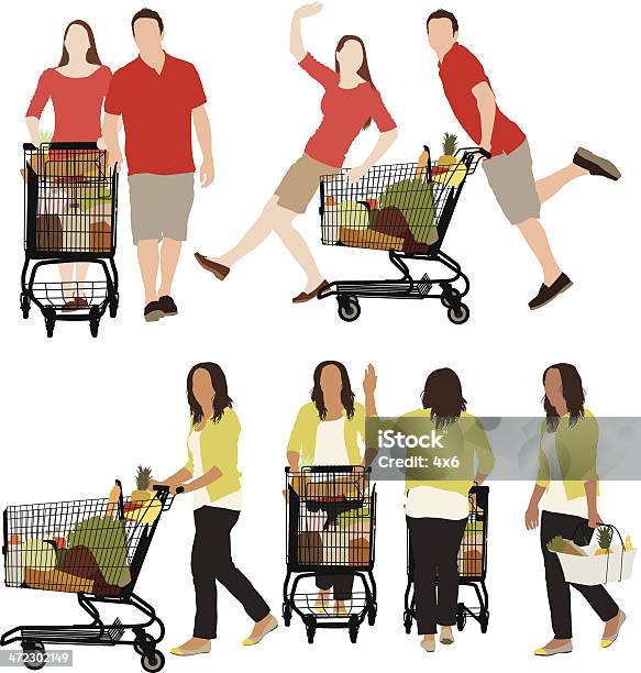 Vektor Von Menschen In Einem Supermarkt Stock Vektor Art und mehr Bilder von Einkaufswagen - Einkaufswagen, Schieben, Vorderansicht