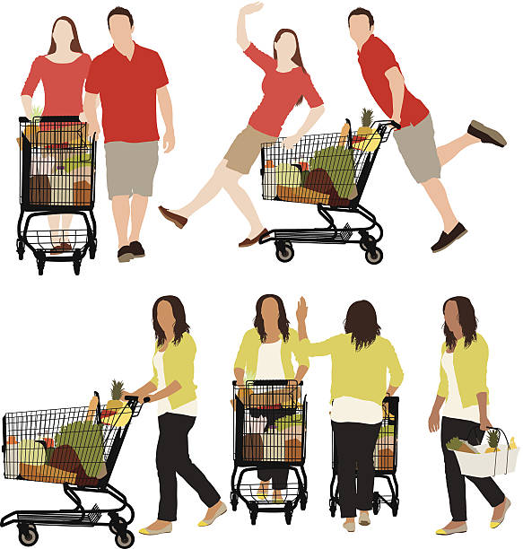 illustrazioni stock, clip art, cartoni animati e icone di tendenza di vettore di persone in un supermercato - donna profilo braccia alzate