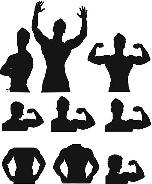 ilustrações, clipart, desenhos animados e ícones de silhueta de esporte pessoas - human muscle body building exercising black and white