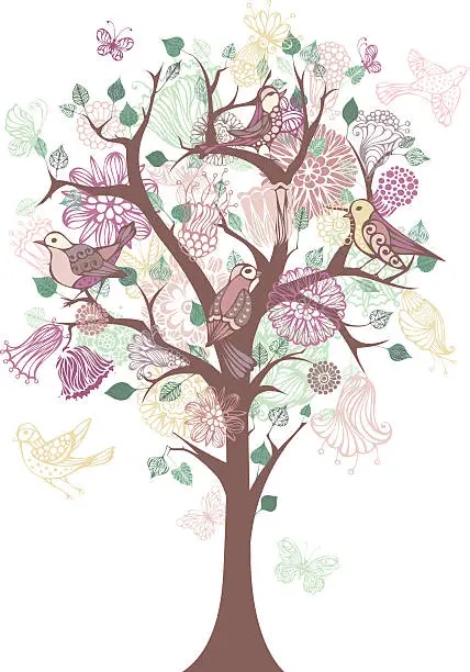 Vector illustration of Floral tree with birds