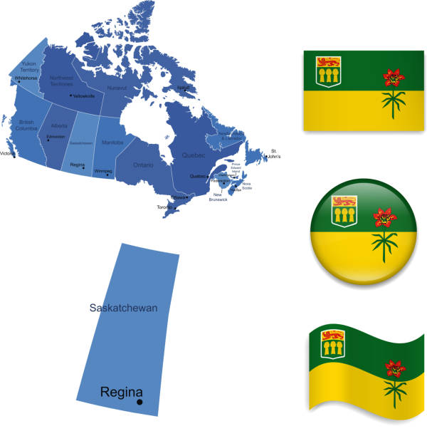 набор провинции саскачеван - saskatchewan province canada flag stock illustrations