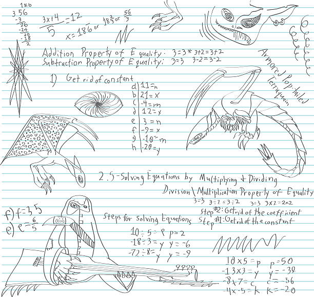 Junior High Math Class Doodle Hand-drawn doodle pencil sketch of math class homework from the mind of a teenage boy. Various monsters, aliens are drawn around his homework. This file has a release. Lined paper on layer that can be easily removed. XL 5000x5000 jpeg included. teenager doodle stock illustrations