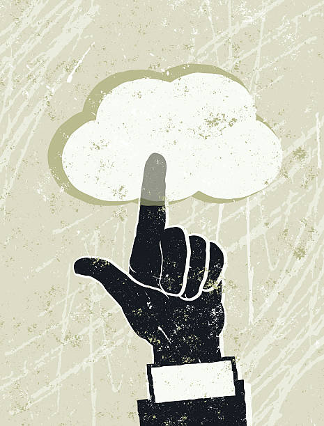 ilustraciones, imágenes clip art, dibujos animados e iconos de stock de hombre mano empujando en una computación en nube - cloud computing human hand cloud cloudscape