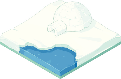 A vector isometric illustration a igloo on snow with water near by for fishing.