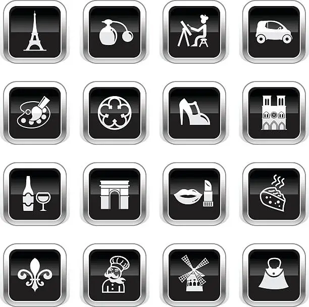 Vector illustration of Supergloss Black Icons - France & Paris