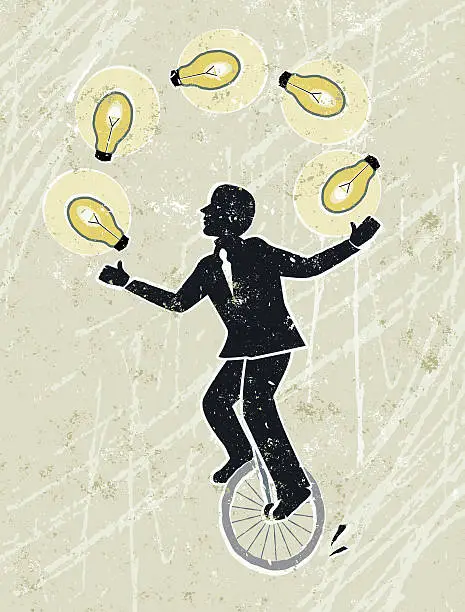 Vector illustration of Businessman Juggling Idea Light Bulbs on Unicycle
