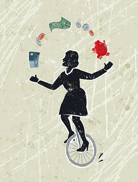 Vector illustration of Business Woman Juggling Money Icons Whilst Riding a Unicycle