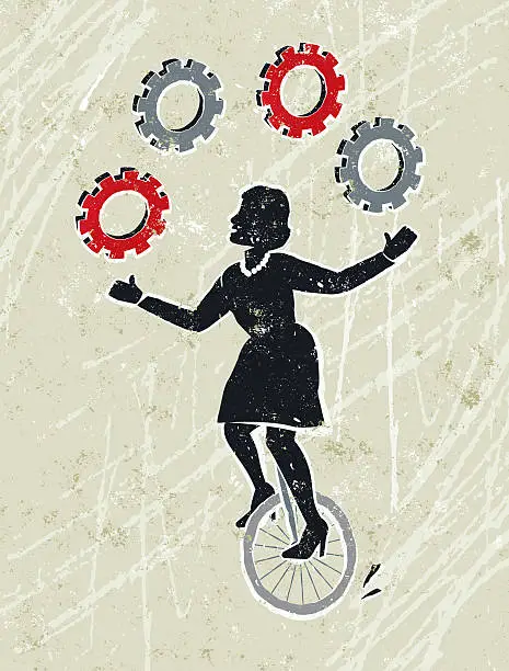 Vector illustration of Business Woman Juggling Cog Wheel Gears Whilst Riding a Unicycle