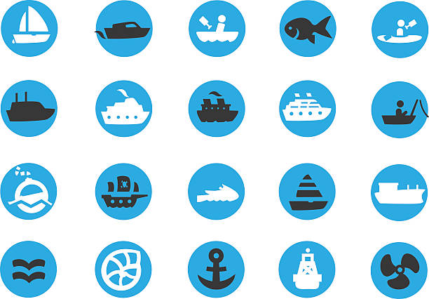 ilustrações, clipart, desenhos animados e ícones de de barco à vela azul ícones - fishing industry fishing nautical vessel buoy
